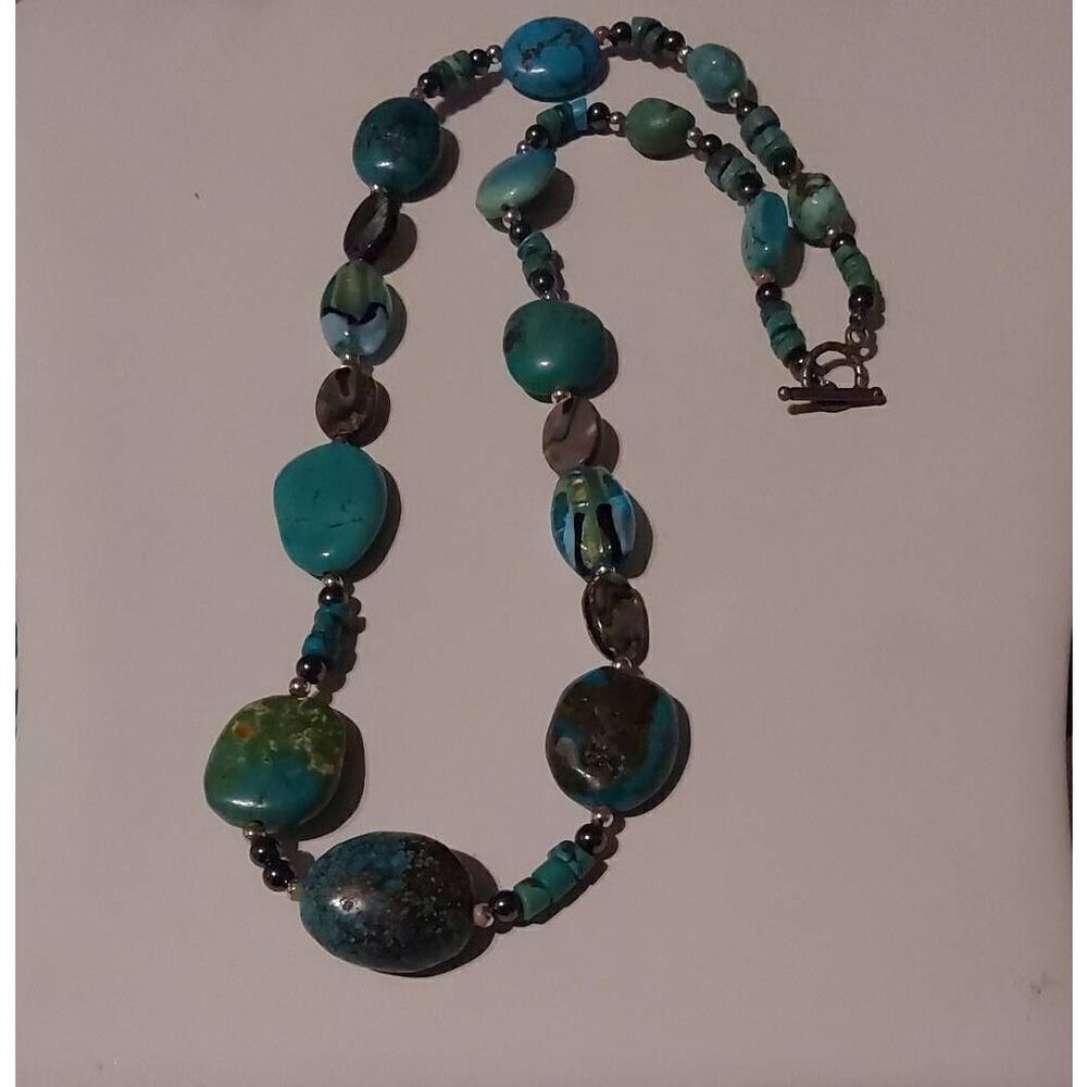Genuine Turquoise~Abalone ~Hematite & Murano Glass Bead Toggle Necklace